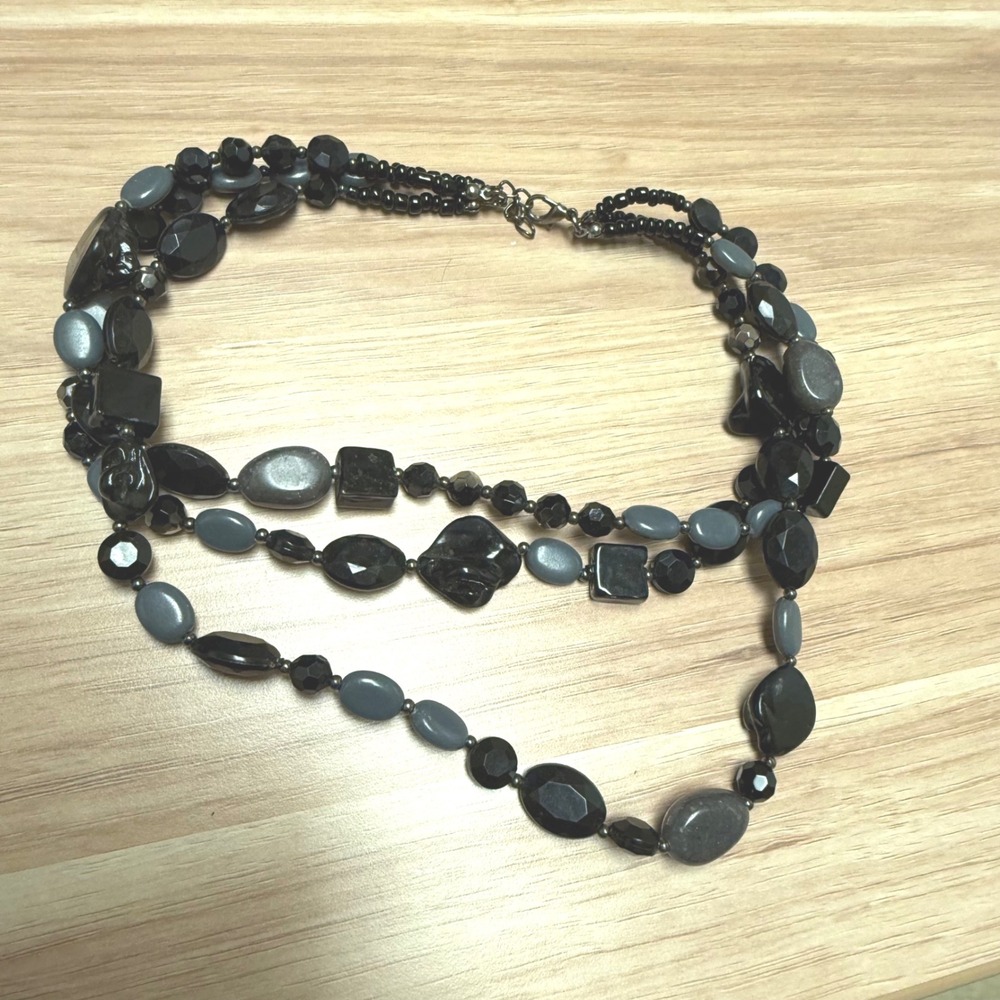 Black Grey Multi Strand Beaded Statement Necklace‎ Layered Chunky Adjustable